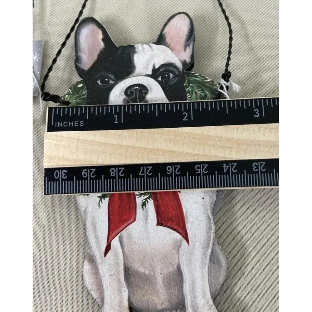 Boston Terrier Wreath Bow Dog Holiday Christmas Wood Ornament Wire Hanger 2 NEW